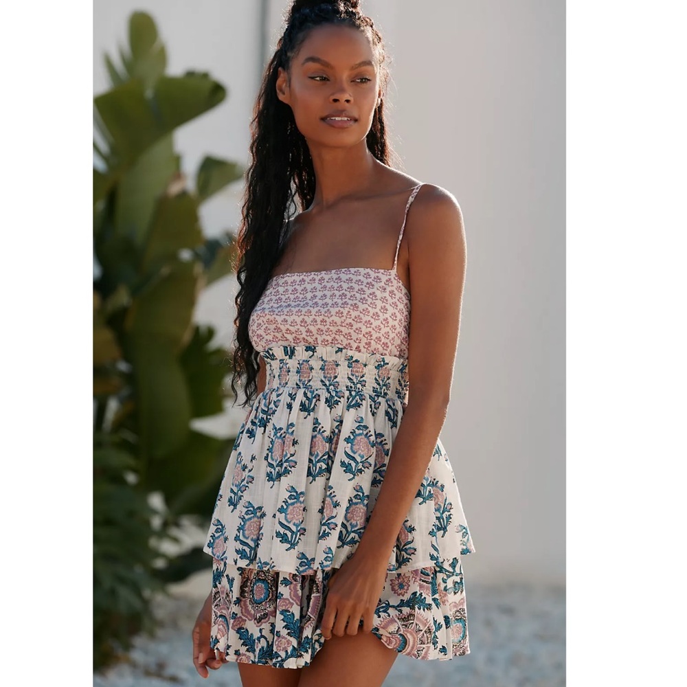 Anthropologie Celandine Floral Batik Tiered Mini Dress Size Medium